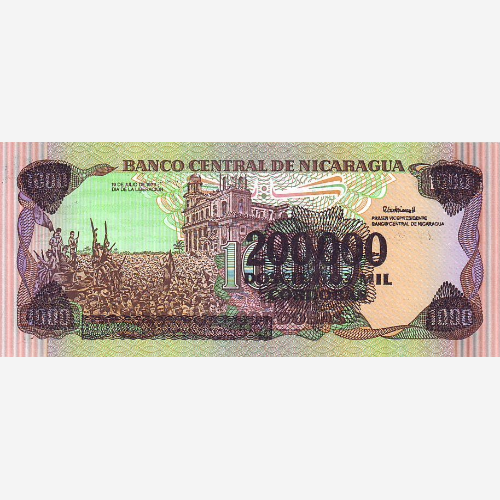 Банкнота Никарагуа 1000 кордоба с надпечаткой 200000 кордоба. 1985 год. UNC (Арт.NIO1K-034)