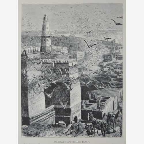 "Верхне-египетская деревня". 1879 год. Лейпциг. (Нем.). Бумага, журнальная ксилография, на обратной стороне печать.